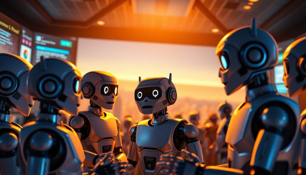 A bustling online scene of AI chatbots in natural conversation, captured in a vibrant, cinematic style. In the foreground, several anthropomorphic chatbot avatars engage in animated dialog, their expressive faces and gestures conveying a sense of lively interaction. The middle ground features a dynamic backdrop of digital interfaces, with windows, panels, and icons suggesting the technological underpinnings of the chatbot ecosystem. In the distance, a soft, glowing horizon evokes a sense of boundless potential and the ever-evolving nature of AI-powered communication. Warm, directional lighting casts dramatic shadows, while a shallow depth of field draws the viewer's focus to the central chatbots, creating an immersive and captivating visual narrative. A bustling online scene of AI chatbots in natural conversation, captured in a vibrant, cinematic style. In the foreground, several anthropomorphic chatbot avatars engage in animated dialog, their expressive faces and gestures conveying a sense of lively interaction. The middle ground features a dynamic backdrop of digital interfaces, with windows, panels, and icons suggesting the technological underpinnings of the chatbot ecosystem. In the distance, a soft, glowing horizon evokes a sense of boundless potential and the ever-evolving nature of AI-powered communication. Warm, directional lighting casts dramatic shadows, while a shallow depth of field draws the viewer's focus to the central chatbots, creating an immersive and captivating visual narrative.
