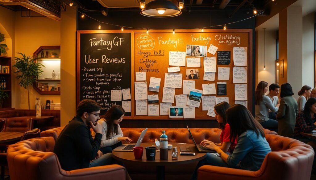 A cozy coffee shop interior, with plush armchairs and a warm, inviting ambiance. In the foreground, a group of friends gathered around a table, laptops and smartphones in hand, engaged in lively discussion. Above them, a large chalkboard sign displays the title "FantasyGF User Reviews". The middle ground features a collage of handwritten notes, screenshots, and reviews pinned to a cork board, capturing the diverse experiences of FantasyGF users. In the background, the soft glow of string lights and the hum of conversation create a sense of community and authenticity. The overall scene conveys a intimate, relatable setting where real people share their honest opinions about the dating app.