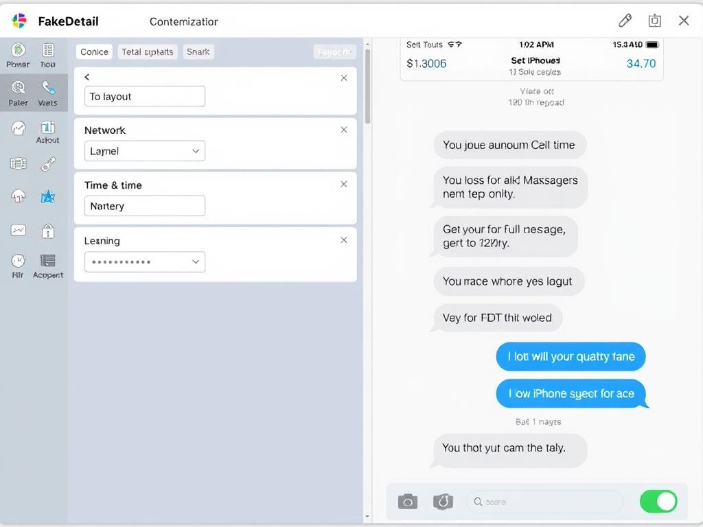 A detailed view of FakeDetail's fake text message generator interface showing customization options