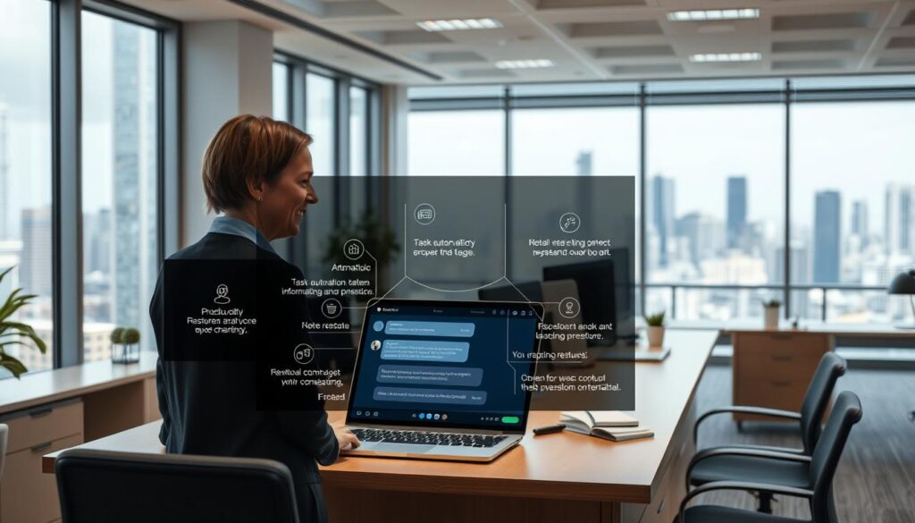 A serene, well-lit office interior with a prominent desk featuring a Kupid AI chatbot interface. In the foreground, a human user interacts with the AI, their expression showing engagement and satisfaction. The middle ground showcases productivity-boosting tools and features of the Kupid AI system, such as task automation, information retrieval, and natural language processing. The background depicts a panoramic city skyline, hinting at the global reach and connectivity enabled by the AI assistant. The overall atmosphere conveys a sense of efficiency, collaboration, and the transformative power of Kupid AI in enhancing professional workflows.
