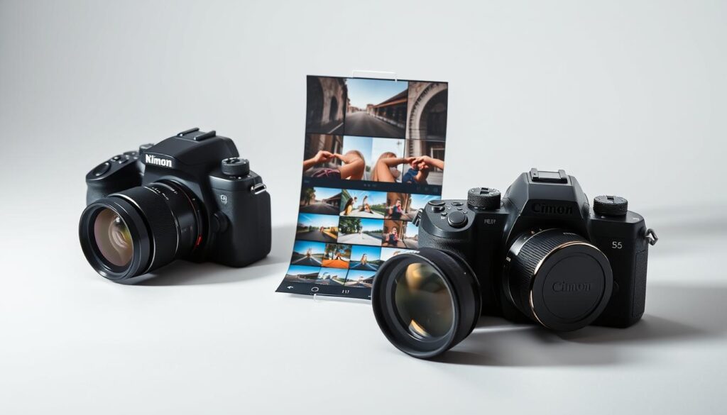 A sleek, minimalist comparison of leading AI photo tools, showcased in a clean, well-lit studio setting. In the foreground, three state-of-the-art digital cameras positioned side-by-side, their lenses and controls meticulously detailed. The middle ground features a variety of photo samples, showcasing the unique capabilities and output quality of each tool. The background is a simple, neutral backdrop, allowing the technologies to take center stage. Subtle shadows and highlights accentuate the angular, modern design of the cameras, while the overall lighting creates a professional, analytical atmosphere, inviting the viewer to closely examine and compare the AI-powered photo enhancement solutions.