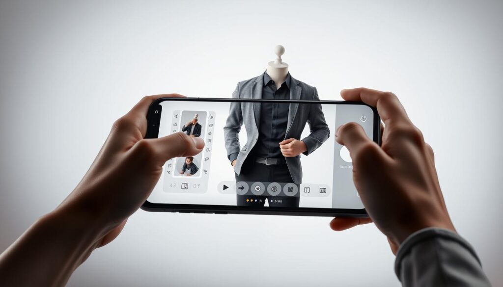 A sleek, modern mobile app interface displays a central image of a person's outfit, with AI-powered tools and controls surrounding it. The user's hands are seen interacting with the app, effortlessly removing articles of clothing one by one. The background is a minimalist, gradient-based design in muted tones, allowing the app's functionality to take center stage. Soft, directional lighting illuminates the scene, creating depth and a sense of polished professionalism. The overall aesthetic conveys an advanced, seamless clothing removal solution powered by state-of-the-art AI technology.