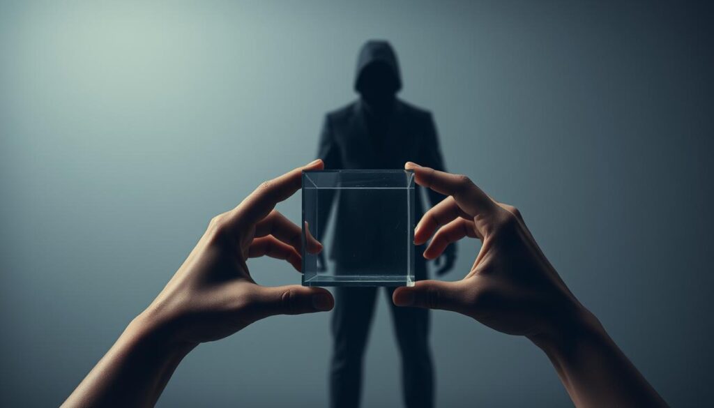 A sober, contemplative scene depicting the ethical considerations surrounding AI-powered deepfake technologies. In the foreground, a pair of hands holding a transparent cube, symbolizing the transparency and disclosure needed when using such powerful tools. The middle ground features a shadowy figure representing the potential for misuse, looming ominously. The background is a muted, neutral palette, conveying the gravity and complexity of the issue. Soft, diffused lighting casts a pensive mood, underscoring the need for thoughtful deliberation. Angles are angled to create a sense of depth and introspection. The overall composition evokes a sense of caution and responsibility when engaging with these emerging technologies.