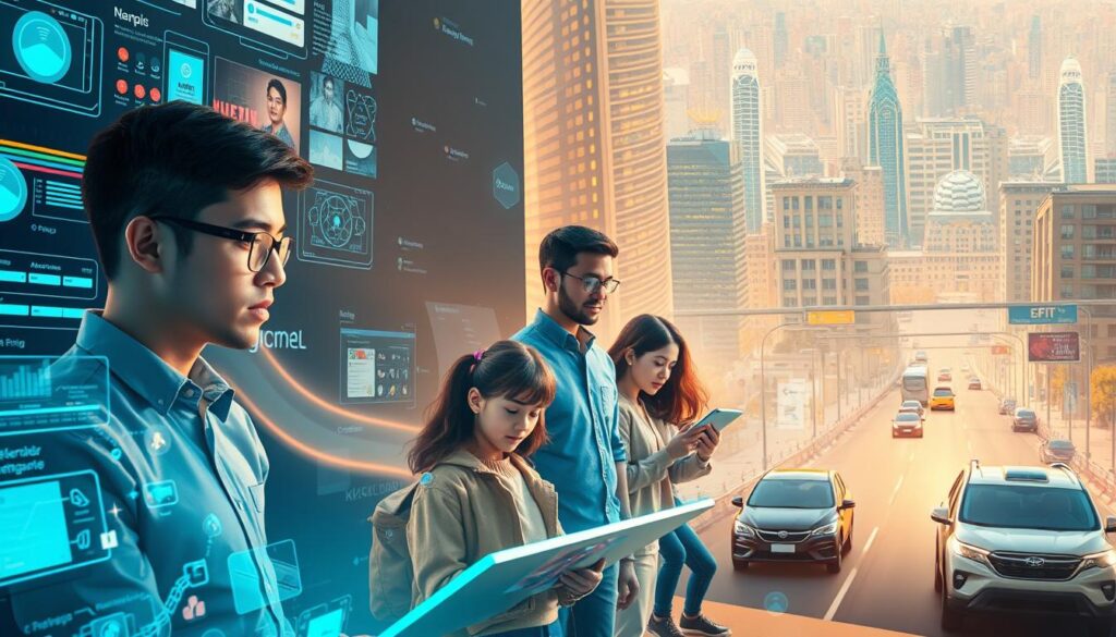 A vibrant, detailed scene showcasing various real-world applications of Kupid AI. In the foreground, a young professional using Kupid to assist with task planning and productivity, surrounded by digital interfaces and holographic displays. In the middle ground, a family engaging with Kupid for personalized entertainment and educational content. In the background, a bustling cityscape with autonomous vehicles and smart city infrastructure, all powered by Kupid's advanced AI capabilities. The scene is illuminated by warm, natural lighting, creating a sense of harmony and integration between the technology and everyday life. The overall composition conveys the versatility and seamless integration of Kupid AI in diverse personal and professional settings.