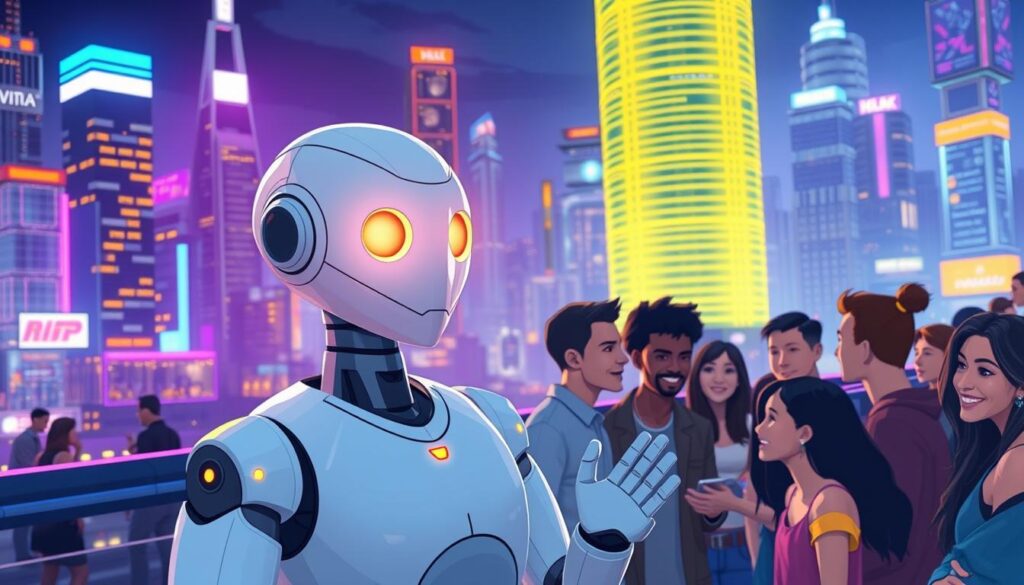 A vibrant, futuristic cityscape at night, with neon-lit skyscrapers and a bustling nightlife. In the foreground, a sleek, futuristic AI chatbot with a warm, androgynous appearance, its eyes glowing softly as it engages in a friendly conversation with a diverse group of people. The chatbot is rendered in a stylized, 3D illustration with a dynamic, expressive pose, reflecting the inclusive and welcoming atmosphere of the scene. The overall mood is one of a progressive, technologically-advanced community embracing the future.