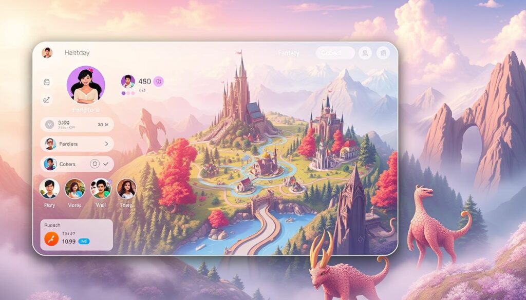 A vibrant, visually-striking interface design for the fantasy-themed dating app FantasyGF. In the foreground, a sleek, intuitive user dashboard with customizable profile options, messaging, and search tools. The middle ground features a stylized, illustrated map of fantastical locations where users can connect. The background showcases a sweeping, whimsical landscape of magical forests, towering castles, and mythical creatures, all bathed in warm, natural lighting and a soft, dreamlike atmosphere. The overall aesthetic blends modern UI elements with a captivating fantasy aesthetic, inviting users to immerse themselves in a unique and enchanting dating experience.