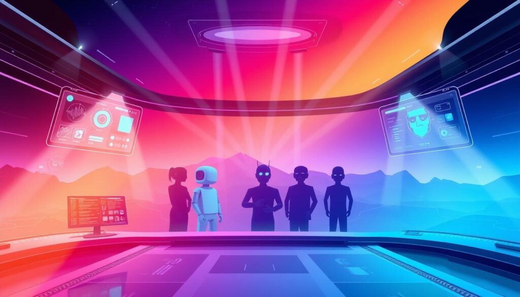 A visually striking, contemporary illustration showcasing the key AI chatbot development platforms. In the foreground, a sleek, futuristic command center with multiple digital interfaces and holographic displays, conveying the advanced technological capabilities of these platforms. In the middle ground, abstracted silhouettes of chatbots and AI agents, their forms hinting at the underlying complexity and intelligence. The background is a vibrant, gradient-based landscape, evoking the limitless potential of these conversational AI technologies. The lighting is dramatic, with a mix of sharp, directional beams and soft, diffused illumination, creating depth and emphasizing the high-tech, innovative nature of the scene. The overall mood is one of innovation, sophistication, and the boundless possibilities of AI-powered communication. A visually striking, contemporary illustration showcasing the key AI chatbot development platforms. In the foreground, a sleek, futuristic command center with multiple digital interfaces and holographic displays, conveying the advanced technological capabilities of these platforms. In the middle ground, abstracted silhouettes of chatbots and AI agents, their forms hinting at the underlying complexity and intelligence. The background is a vibrant, gradient-based landscape, evoking the limitless potential of these conversational AI technologies. The lighting is dramatic, with a mix of sharp, directional beams and soft, diffused illumination, creating depth and emphasizing the high-tech, innovative nature of the scene. The overall mood is one of innovation, sophistication, and the boundless possibilities of AI-powered communication.