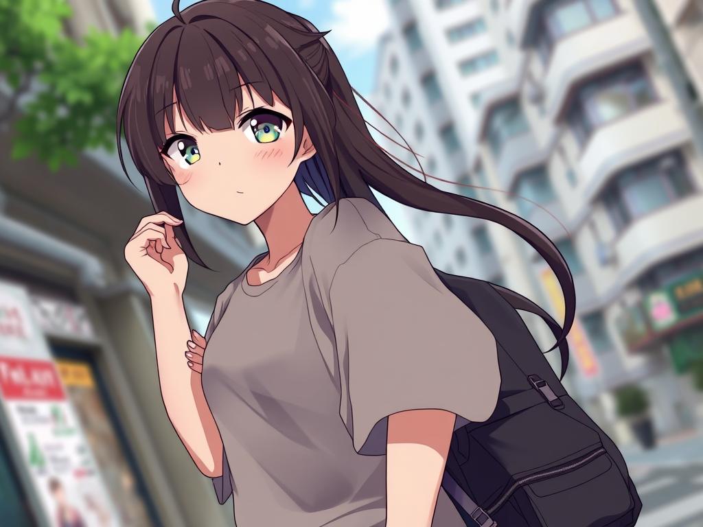 AI-generated anime character in casual pose with urban background