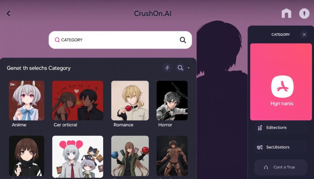 CrushOn.AI app interface showing category selection for Spicy AI Chat Apps