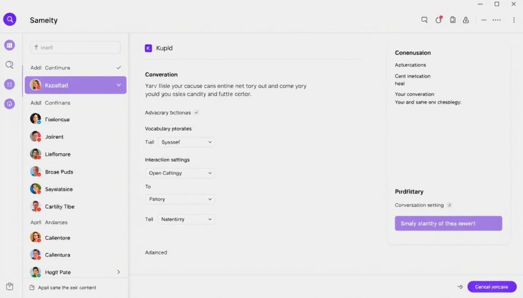 Kupid interface showing advanced conversation options and vocabulary settings