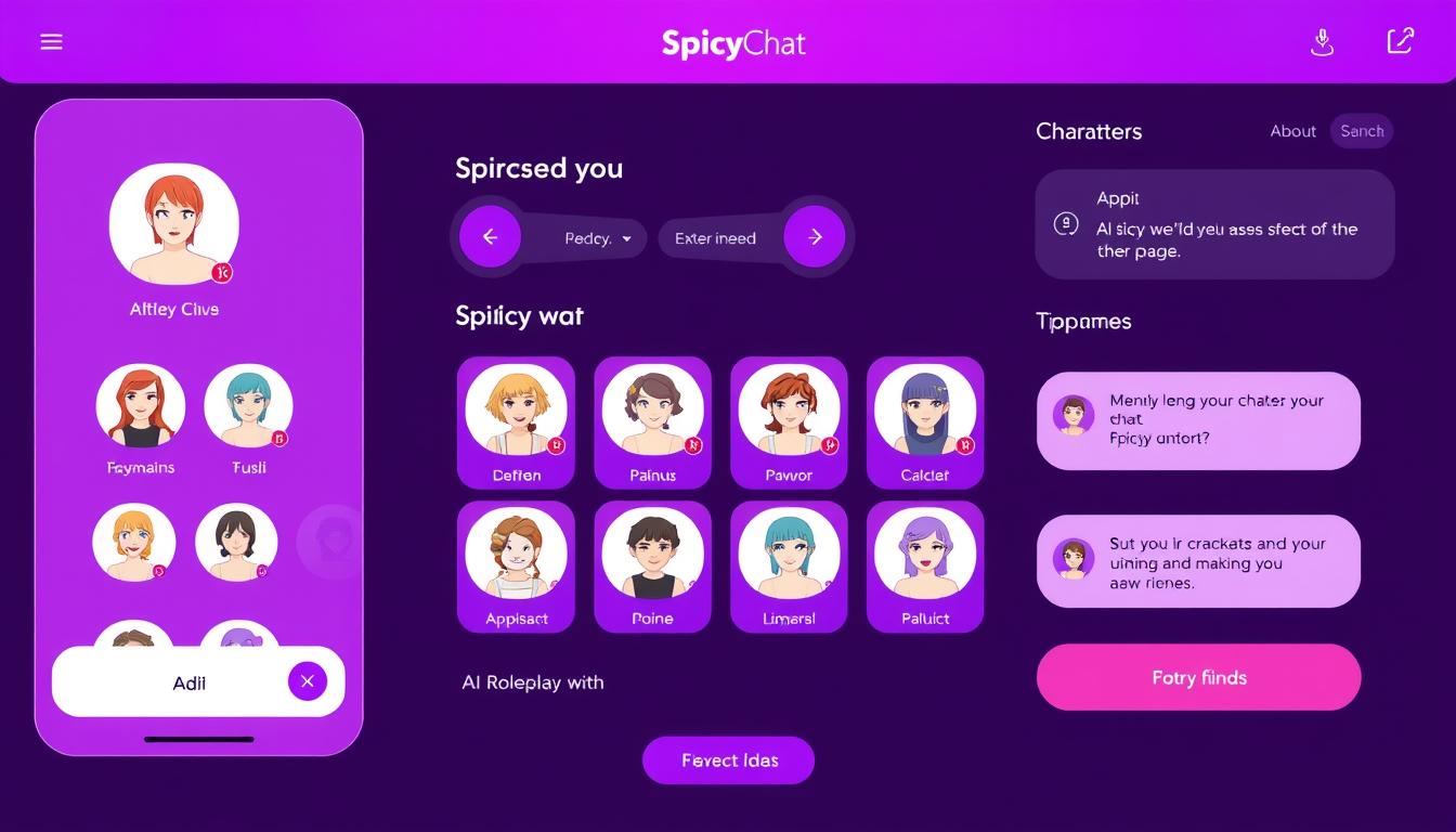 SpicyChat AI interface showing character selection and chat options for Spicy AI Chat Apps