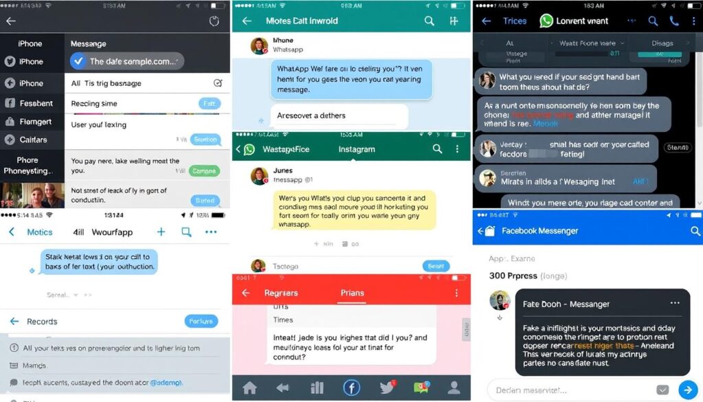 Various fake text message generators showing different platform interfaces and customization options