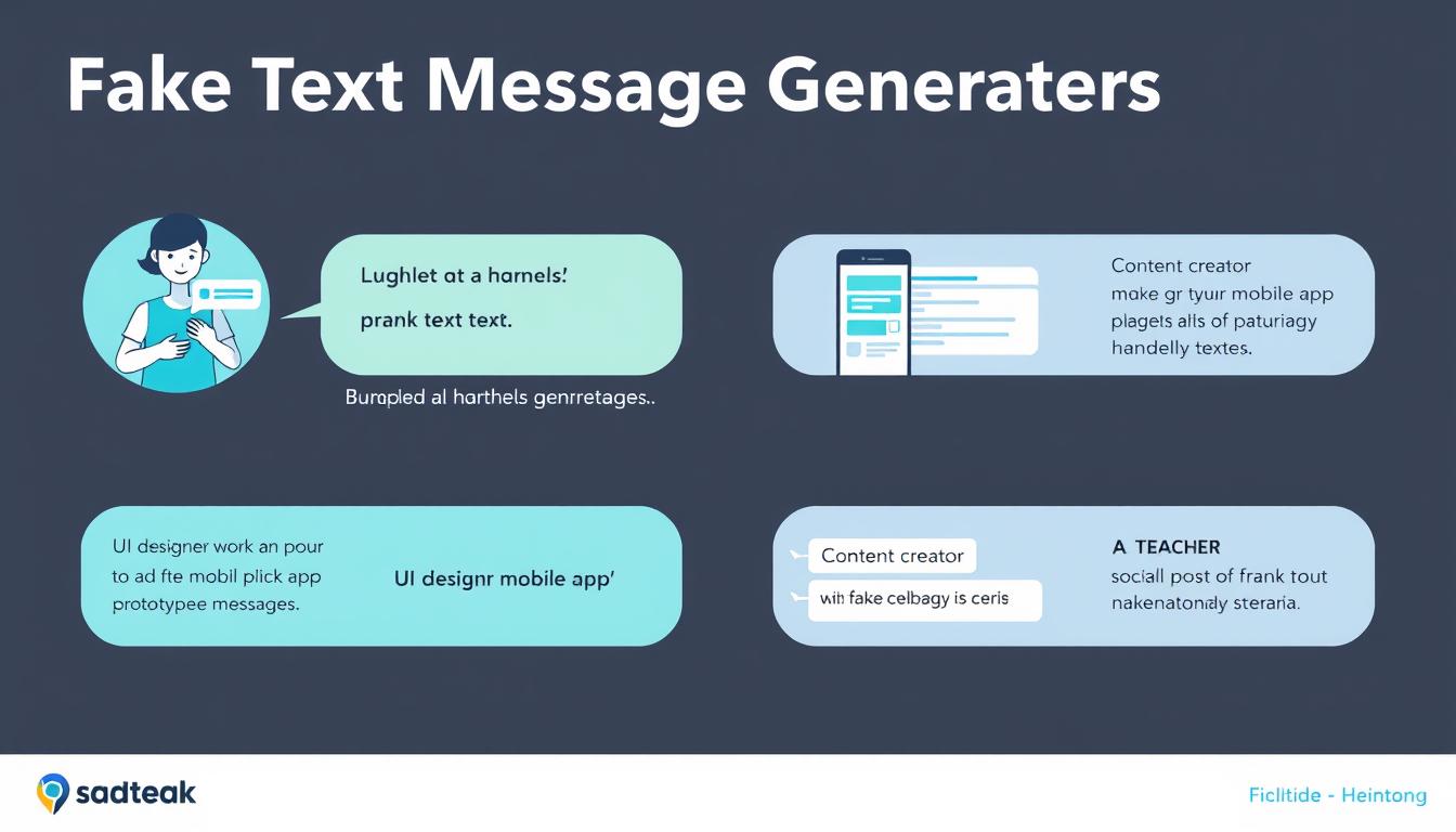 Various use cases for fake text message generators showing examples of pranks, UI design, and social media content
